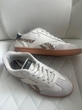 Reebok White Sneakers with Leopard Accent & Gum Sole